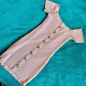 ribbed jersey body con dress light pink with buttons off the shoulder